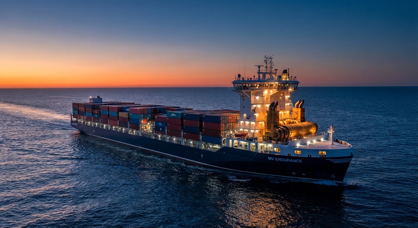 Container vessel at sea at dusk