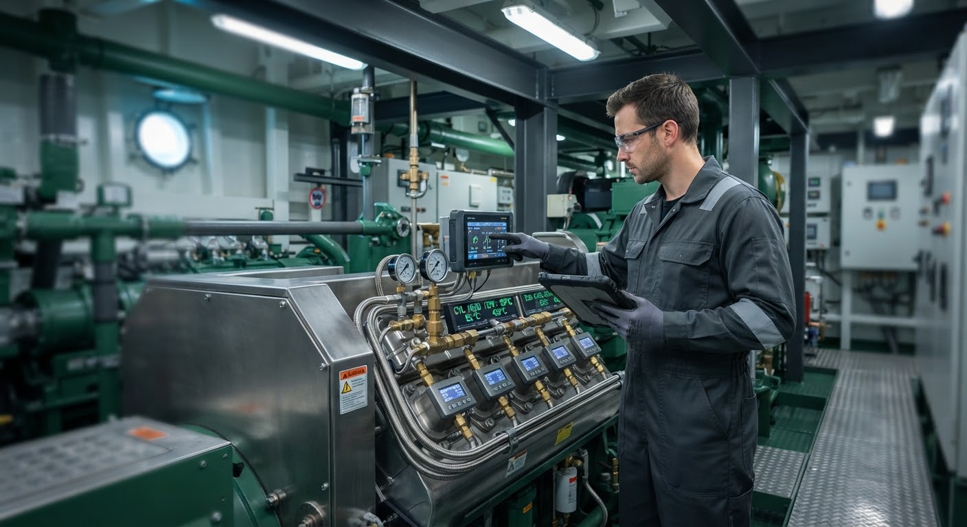 Marine engineer examining machinery in a vessel engine room.