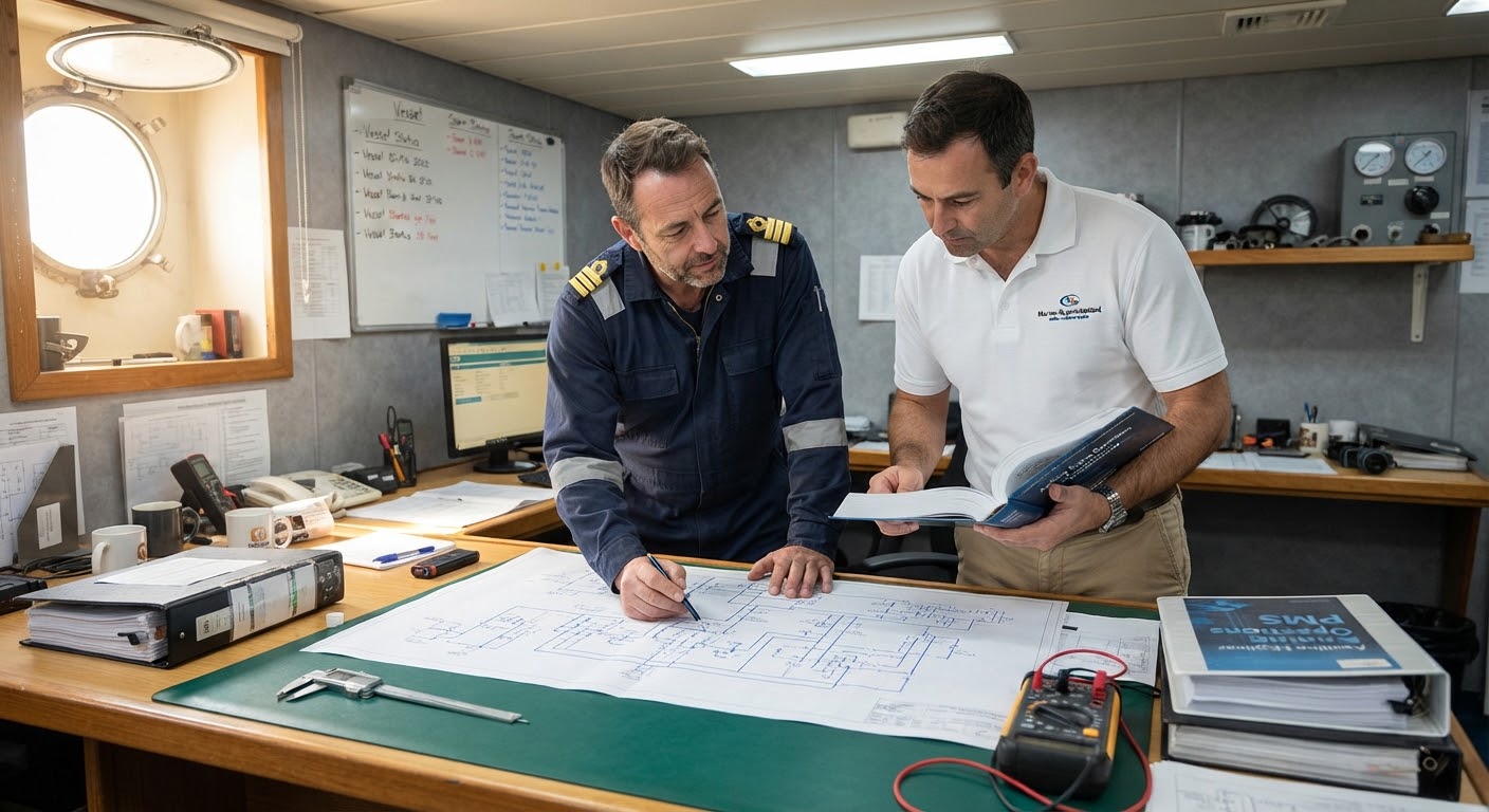 Two maritime engineers reviewing technical documents together.